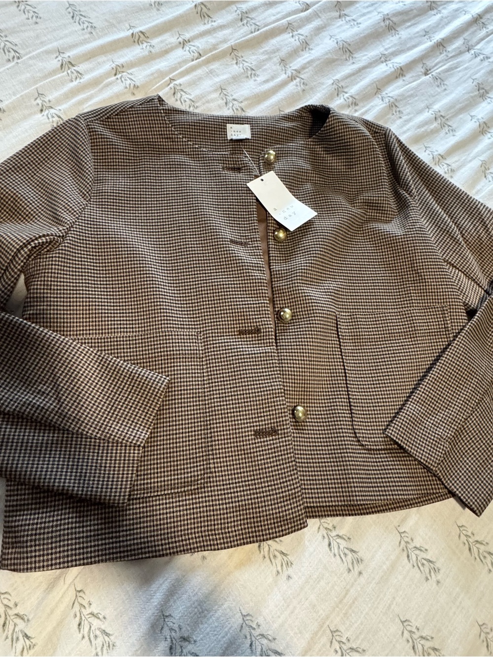 a new day Brown Houndstooth Collarless Blazer with Gold Buttons